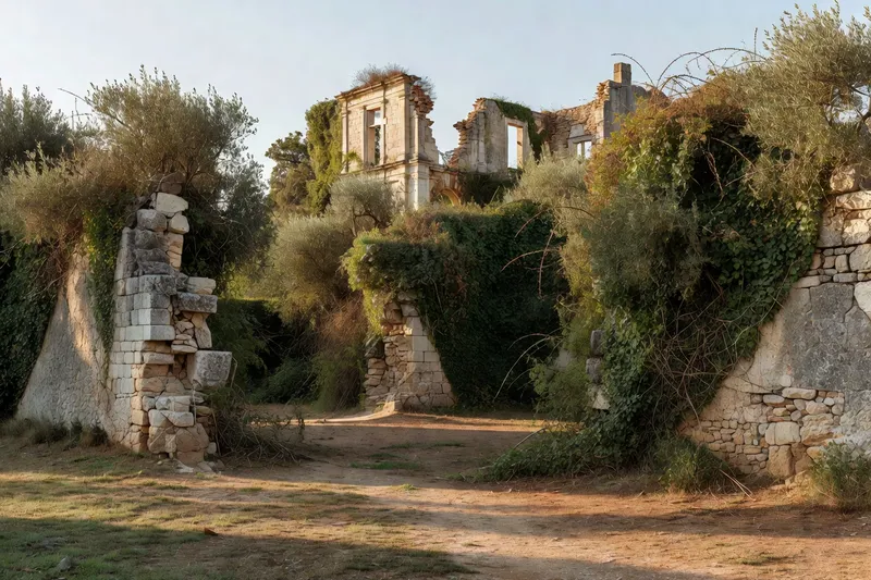 Vue du bassin technique du château d'Enjaux dans son environnement actuel, ancien hangar agricole