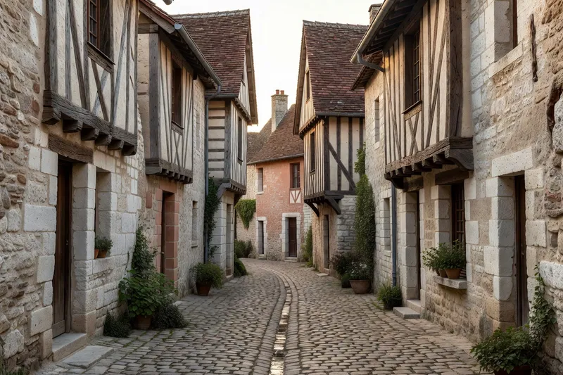 Ruelle pavée d'une bastide médiévale du Tarn bordée de maisons à colombages