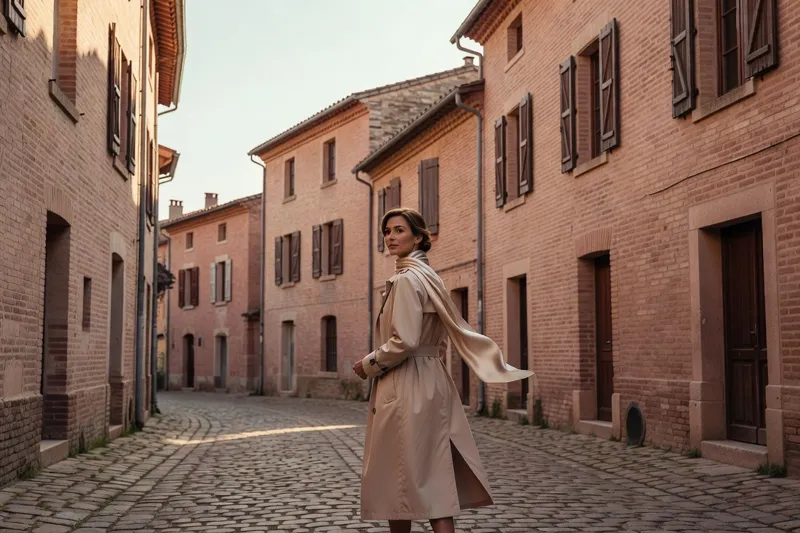 Une promeneuse longe une rue étroite de maisons en brique plate rose-orangé, aux volets de bois, sous une lumière chaude d'après-midi.