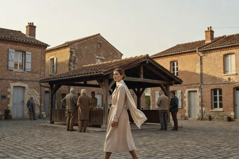 Une femme traverse la place d'un petit village de brique, où quelques habitants discutent près d'une halle couverte.