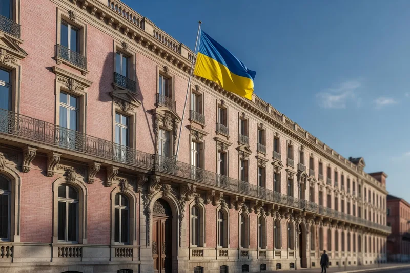 Drapeau ukrainien flottant sur un bâtiment institutionnel en centre-ville de Toulouse