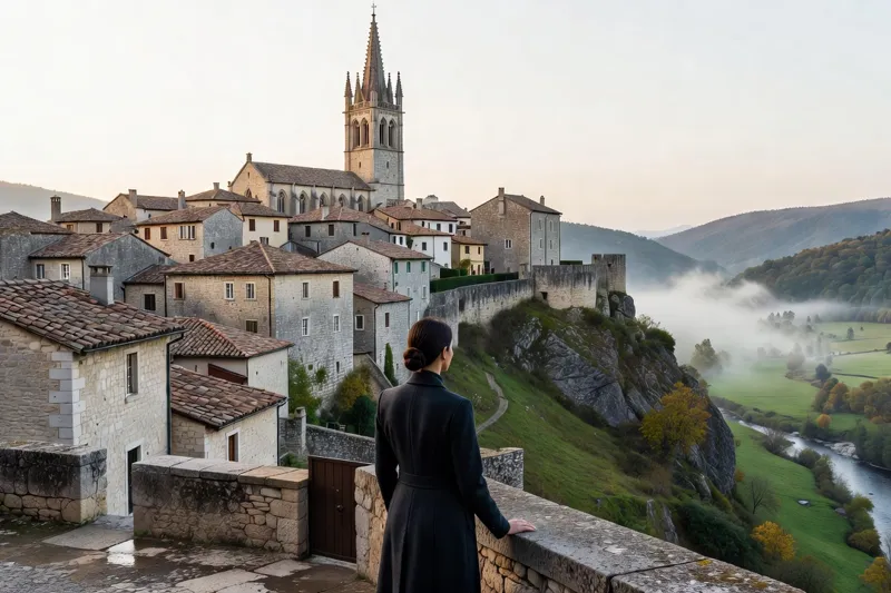 Une femme observe, depuis une terrasse de pierre, un village médiéval perché dont le clocher domine une vallée emplie de brume.