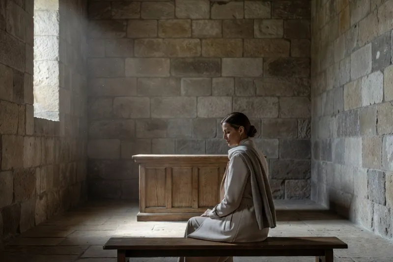 Une femme est assise sur un banc dans une chapelle romane de pierre nue, éclairée par un mince rayon de lumière.
