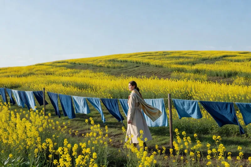 Une visiteuse marche dans un champ de pastel en fleurs jaunes, près de longues toiles de lin teintes en bleu qui sèchent sur des cordes.