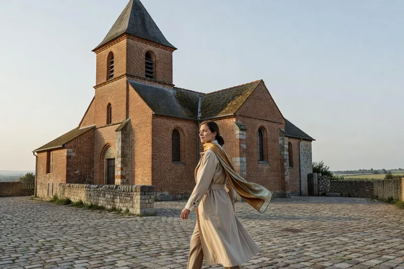 Une femme traverse la placette d'une petite église de village en brique rouge, dotée d'un clocher carré.