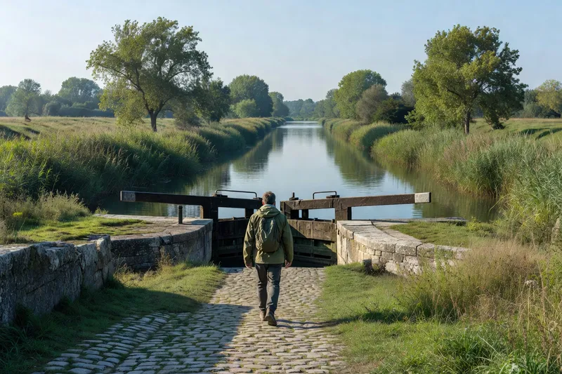 Promeneur près d'une écluse du Canal du Midi dans un paysage rural du Lauragais.
