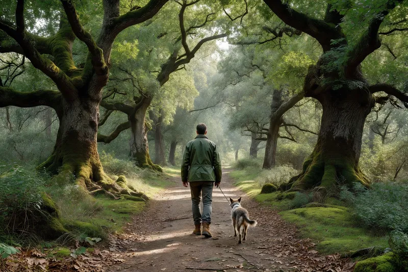 Promeneur avec un chien tenu en laisse sur un chemin forestier bordé de chênes.