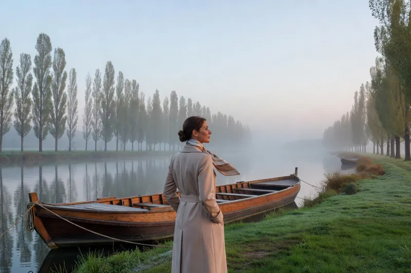 Une visiteuse regarde, depuis la berge, une gabare en bois à fond plat amarrée sur une rivière calme bordée de peupliers.