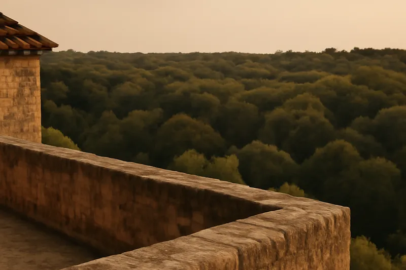 Remparts médiévaux de Puycelsi surplombant la forêt de Grésigne dans le Tarn
