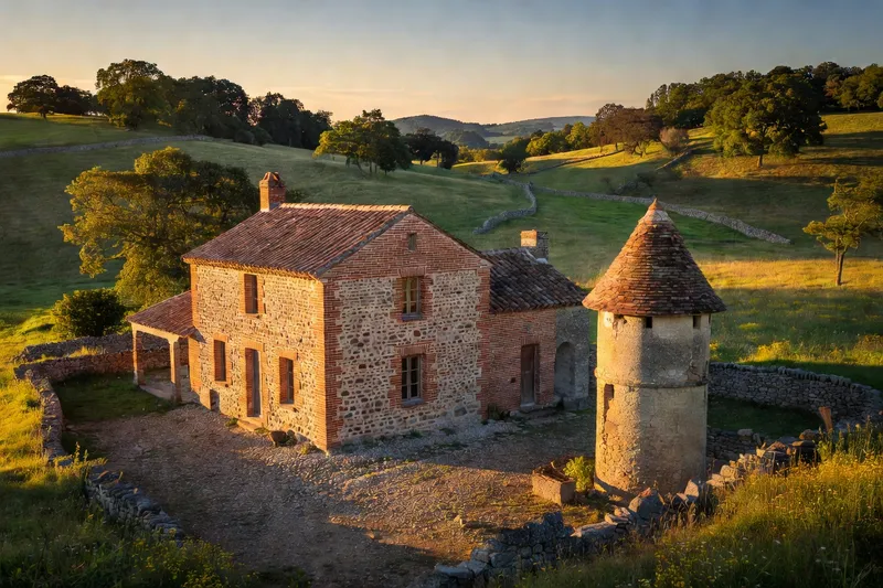 Ferme de brique et de galets avec son pigeonnier dans la campagne du Sud-Ouest