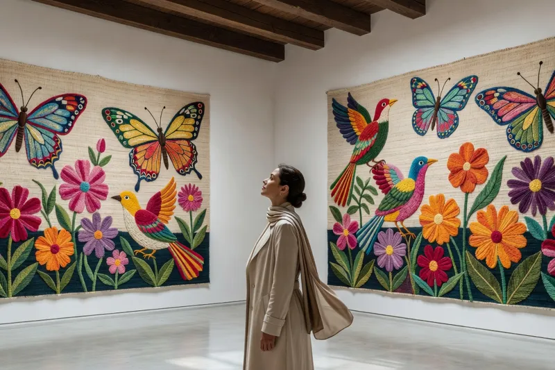Une femme observe de grandes tentures murales colorées représentant des papillons, des oiseaux et des fleurs dans une salle blanche aux poutres de bois.