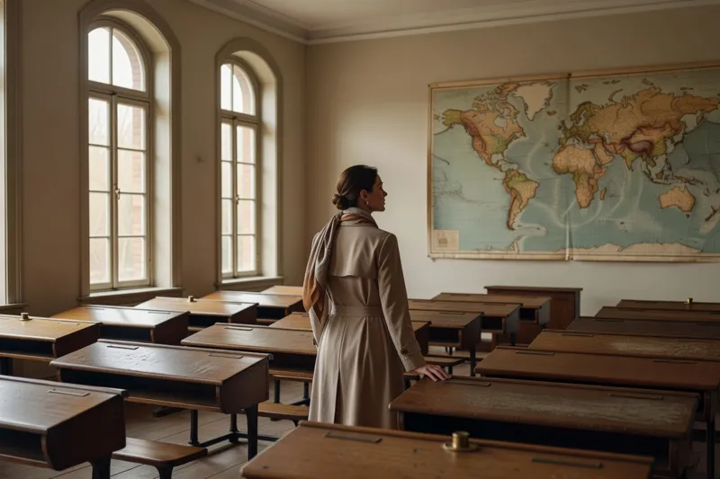 Une femme se tient entre des rangées de pupitres de bois dans une ancienne salle de classe aux hautes fenêtres, devant une grande carte du monde.