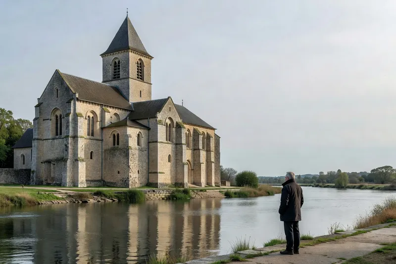 Église romane de pierre au bord d'une rivière, dans l'esprit des abbayes de la vallée du Tarn.