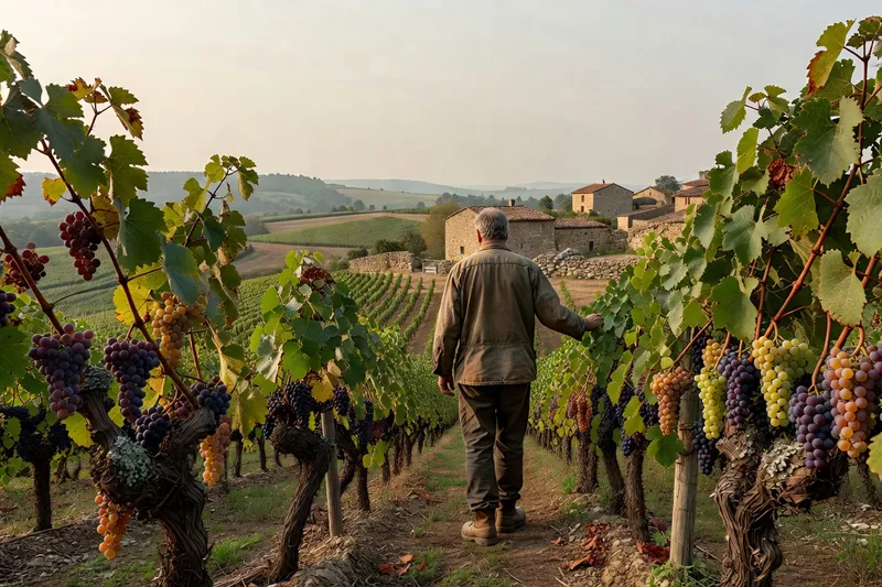 Des rangs de vigne dans le paysage rural du vignoble de Gaillac.