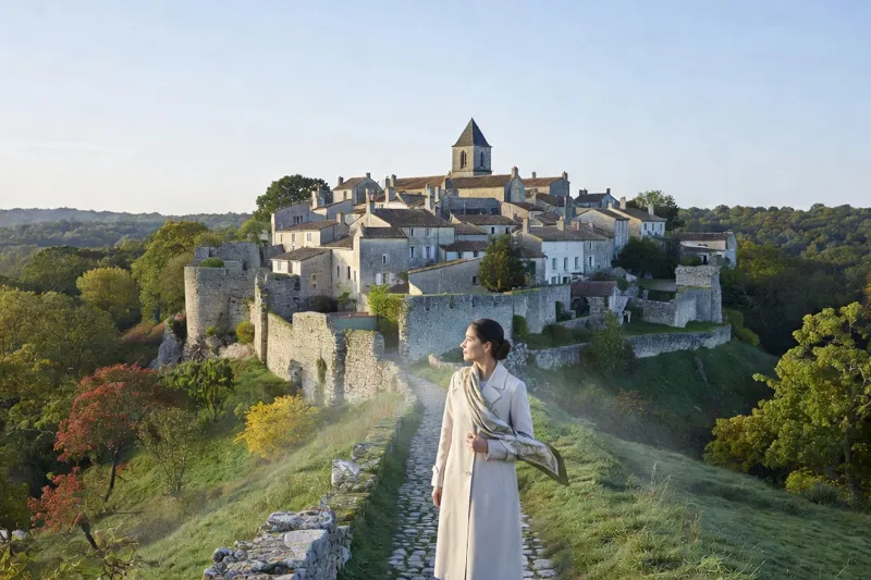 Une visiteuse regarde, depuis un chemin, un village perché aux maisons de pierre claire, entouré de remparts et adossé à une grande forêt.