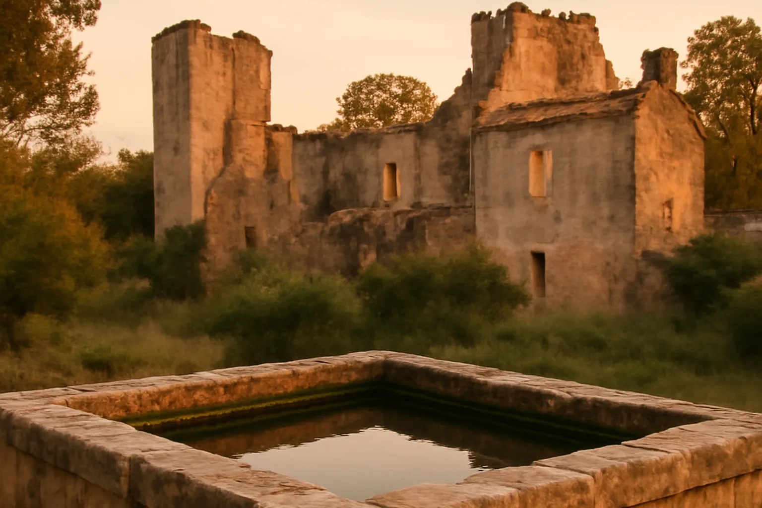 Le bassin de 400 m³ du château d'Enjaux, dernier vestige technique de Radio Toulouse