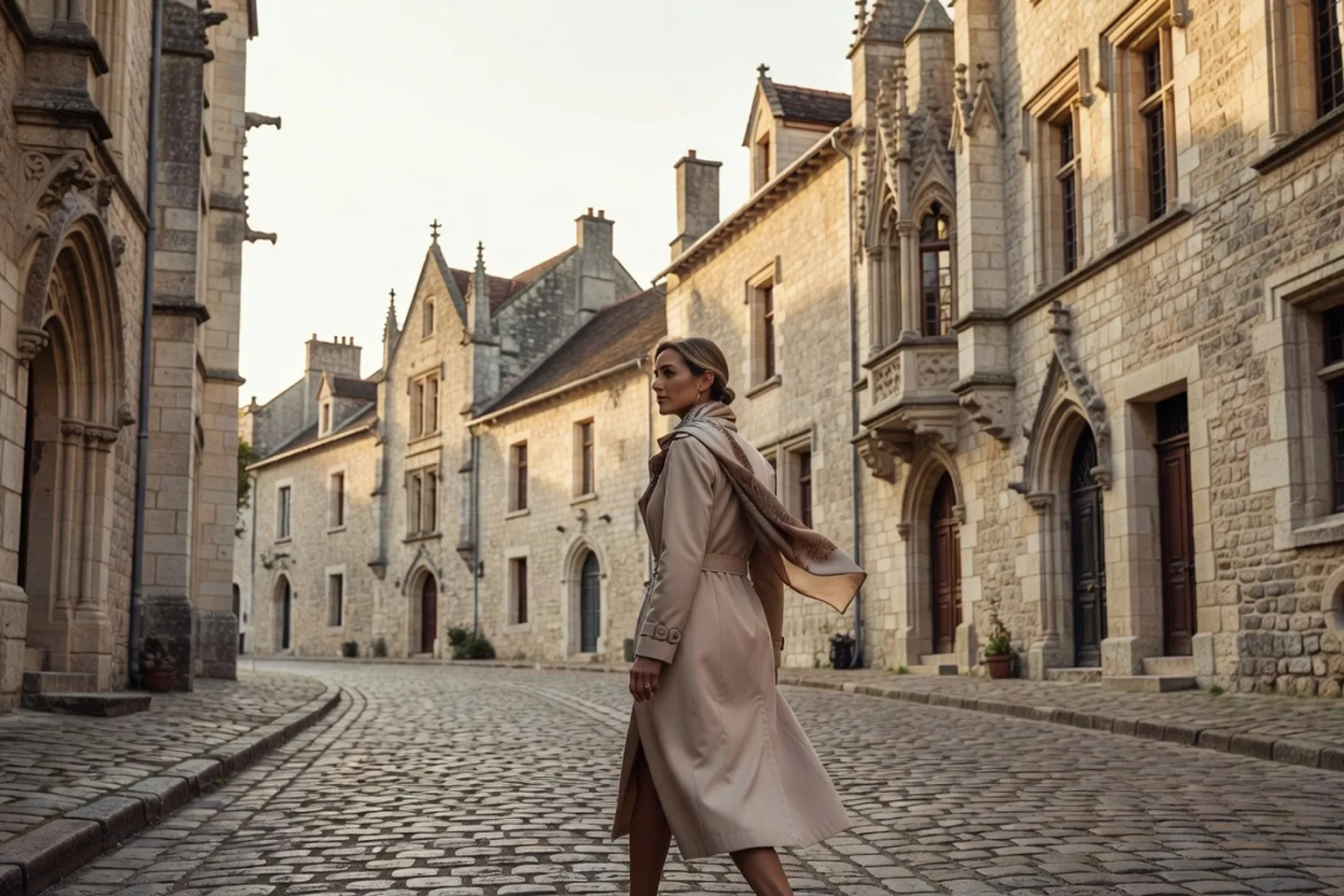 Une visiteuse en trench beige marche dans une rue pavée bordée de façades gothiques en pierre claire, dans l'esprit d'une bastide du Tarn.
