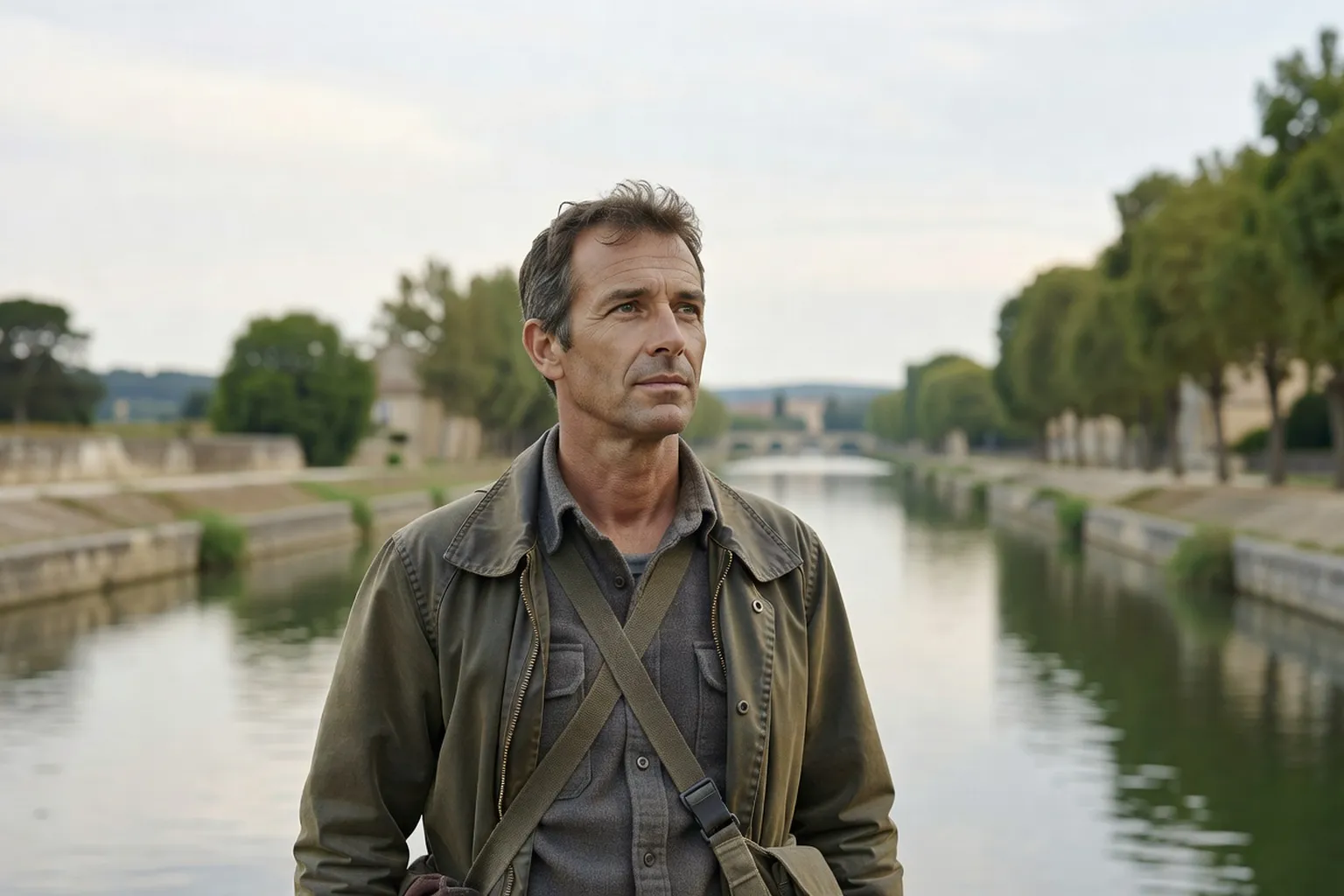 Portrait éditorial d'un historien devant un paysage fluvial du Lauragais, avec le canal flou à l'arrière-plan.