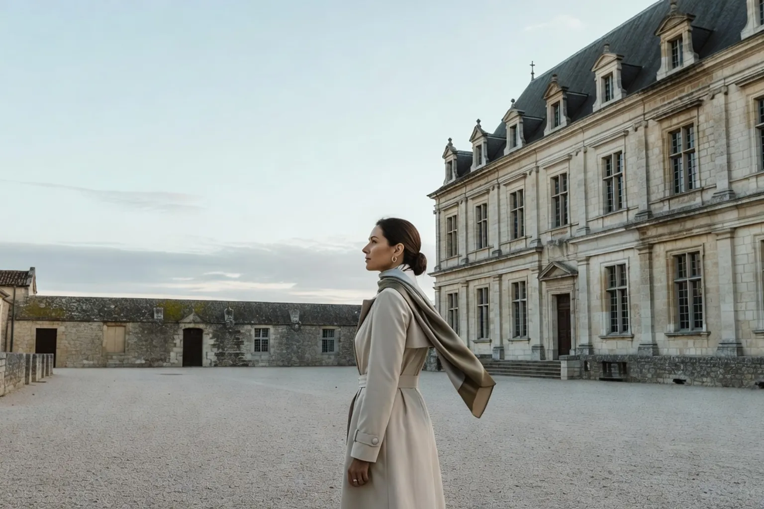 Une visiteuse en trench beige se tient de profil dans la cour de gravier d'un grand bâtiment classique de pierre à haut toit d'ardoise.