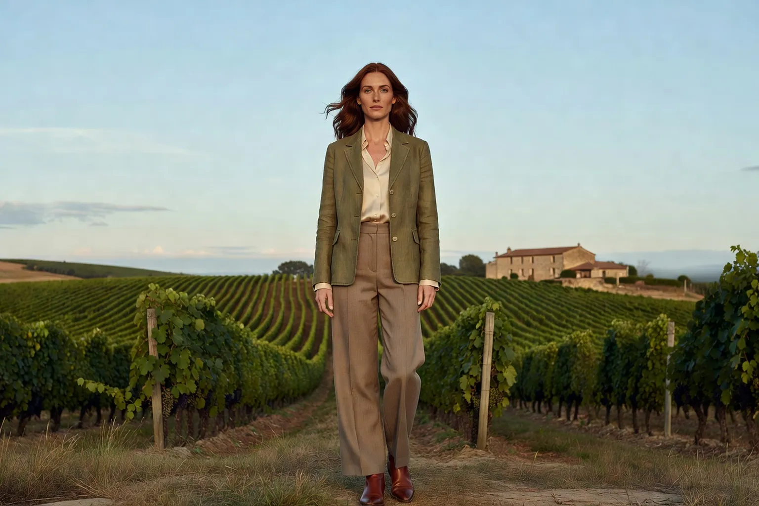 Une femme élégante se tient parmi les vignes de la vallée du Tarn, avec un paysage viticole autour de Gaillac en arrière-plan.